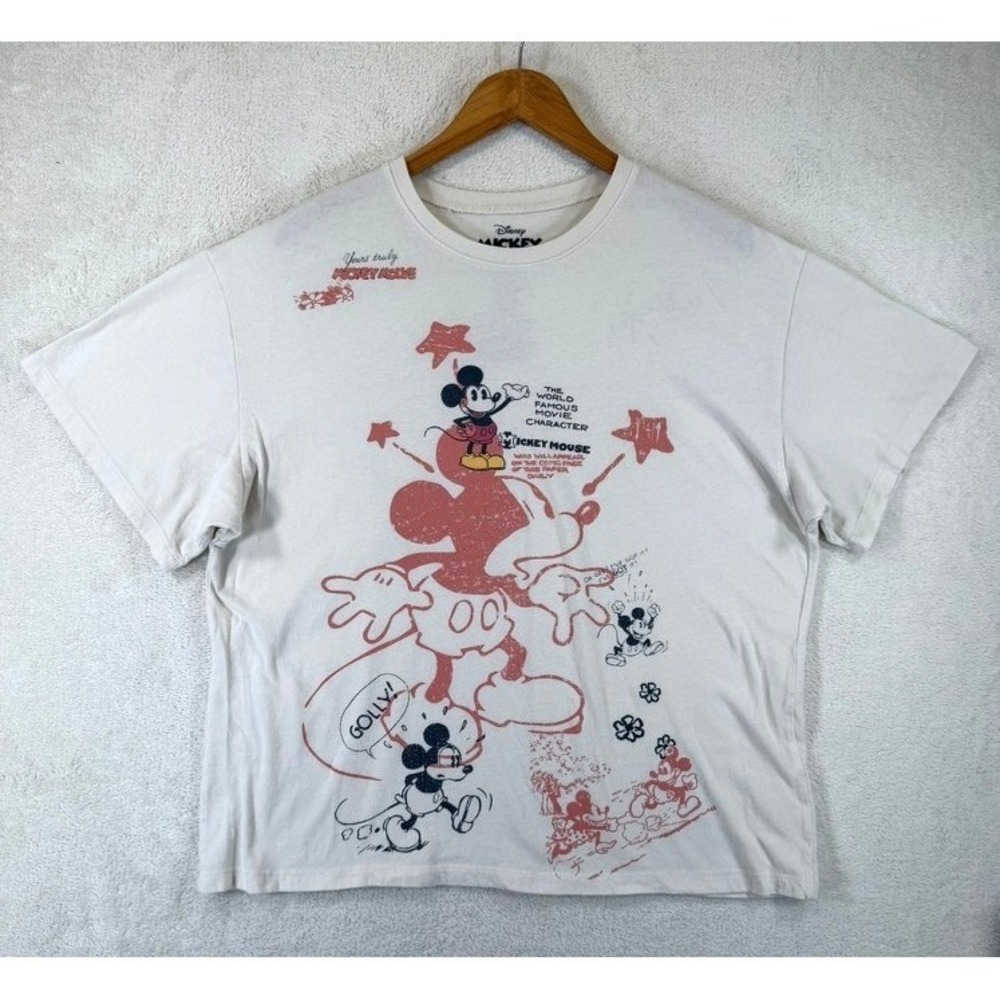Disney Mickey Mouse Graphic T-Shirt Cream Red Sketch Vintage Style Large